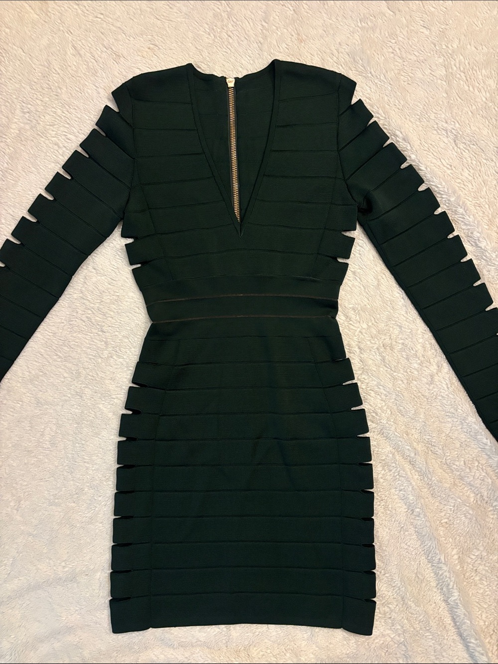 Balmain Dark Green Long-Sleeve Bandage Dress
